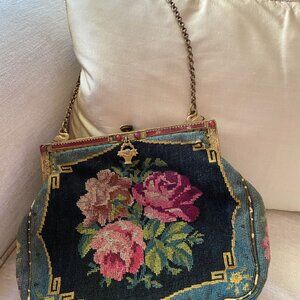 Antique Floral Needlepoint Purse with Ornate Brass Frame
